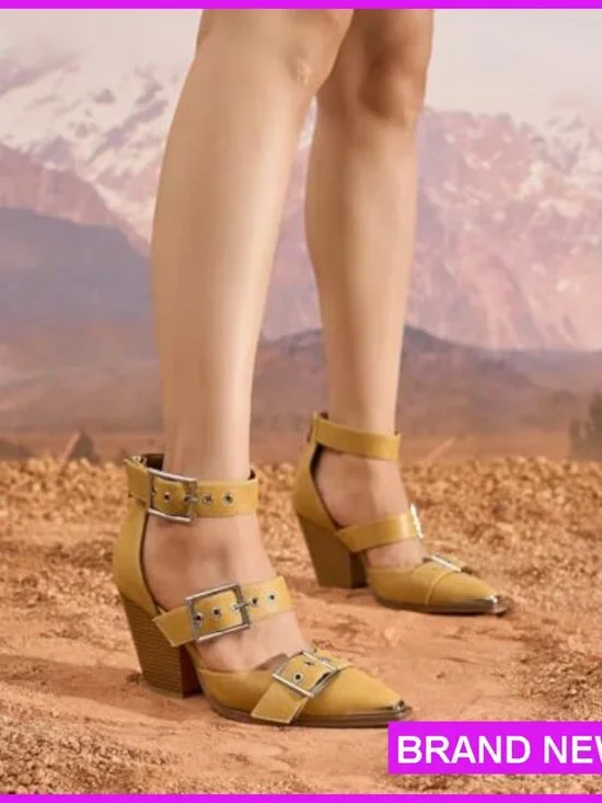 Pointed Toe Pumps Chunky Wedge Heels Ankle Strap Western Sandals Metal Buckle - Picture 2 of 6